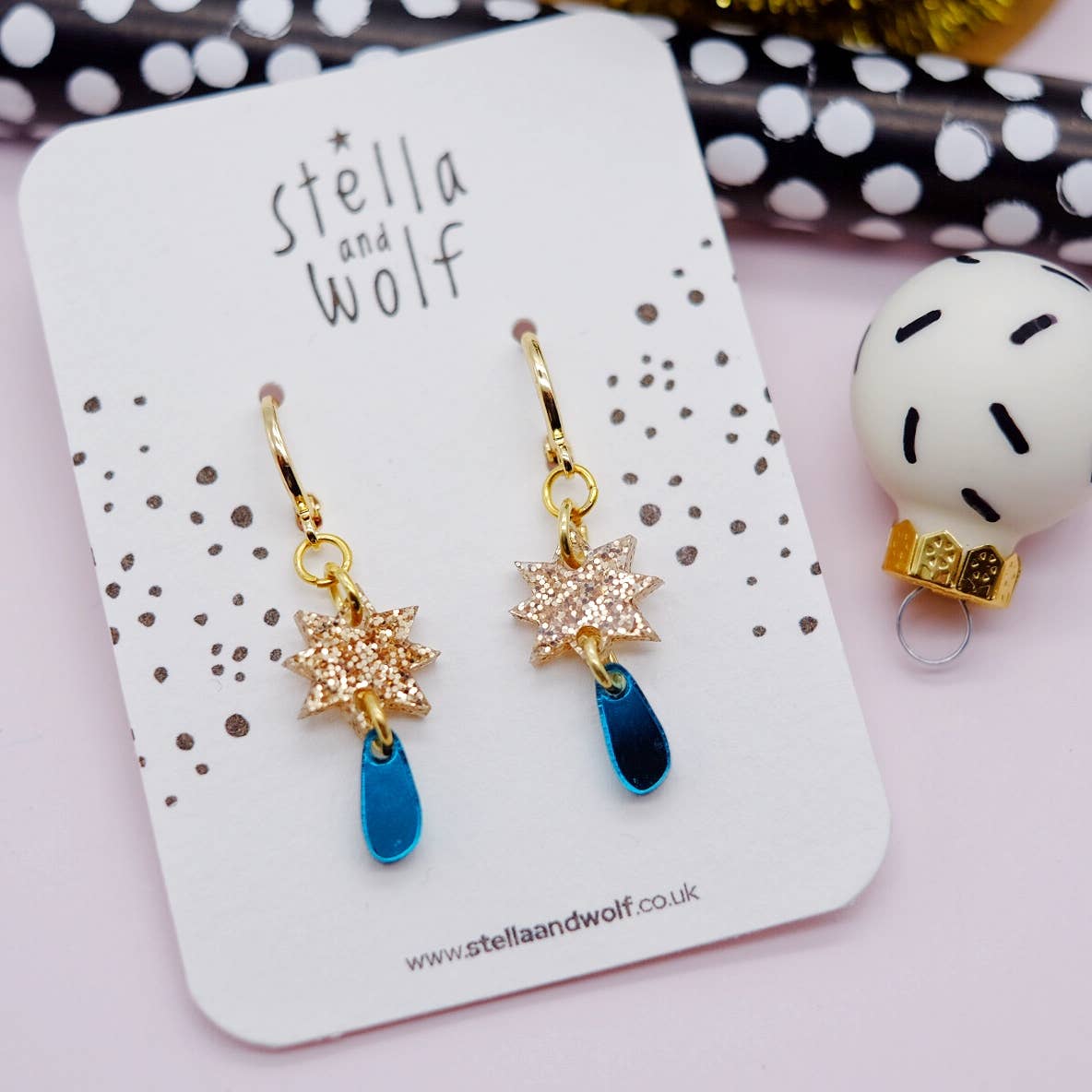 Stella and Wolf Gold and teal Glitter star drop earrings