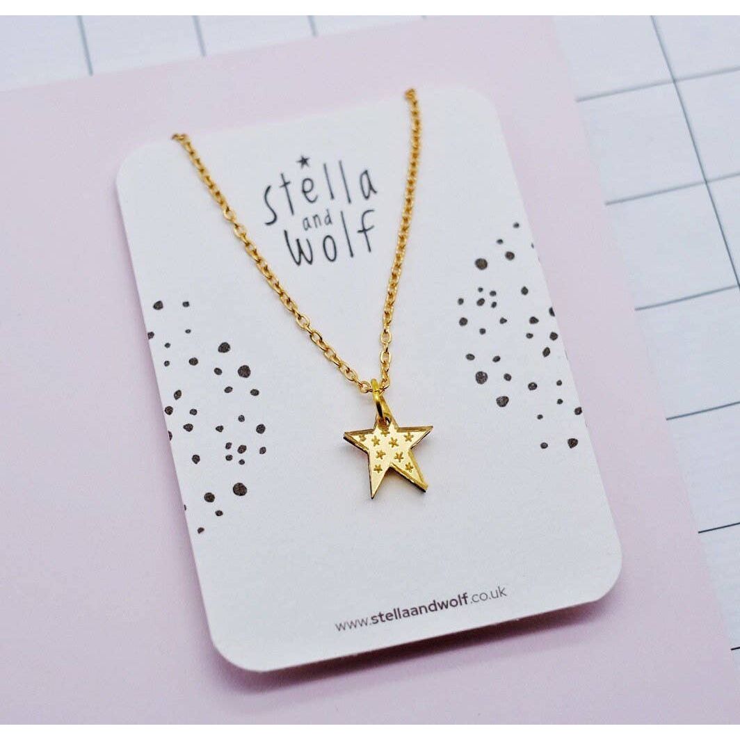 Stella and Wolf Gold engraved star charm necklace, gold mirrored acrylic