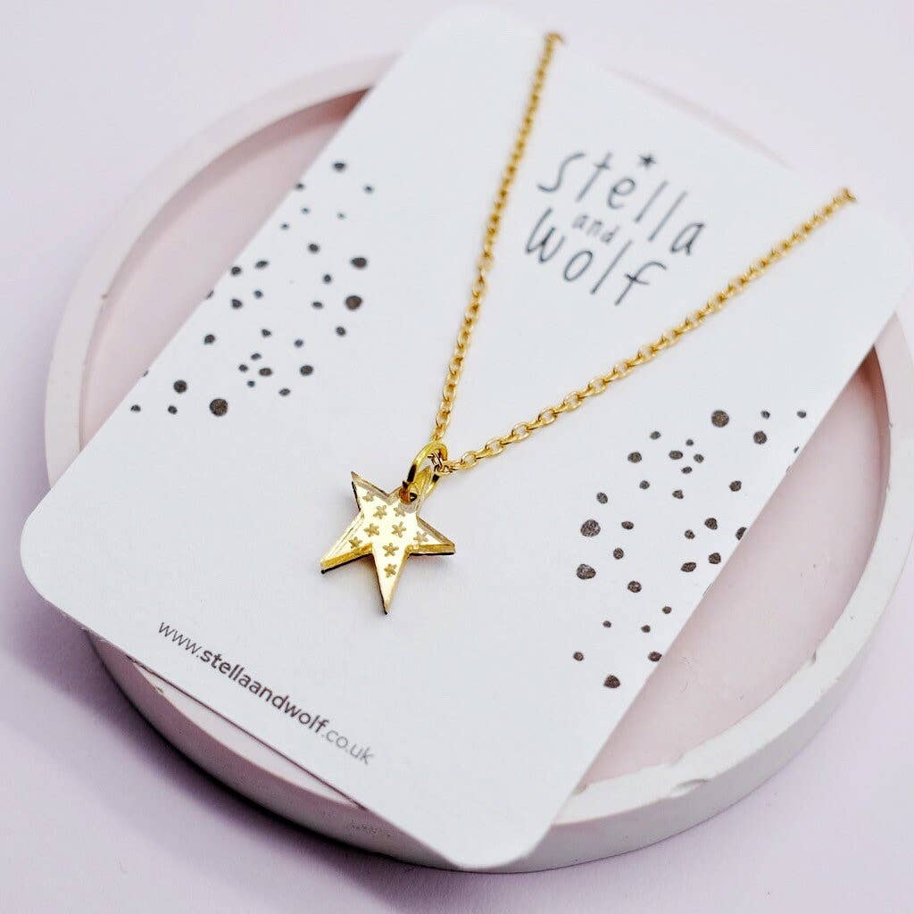 Stella and Wolf Gold engraved star charm necklace, gold mirrored acrylic