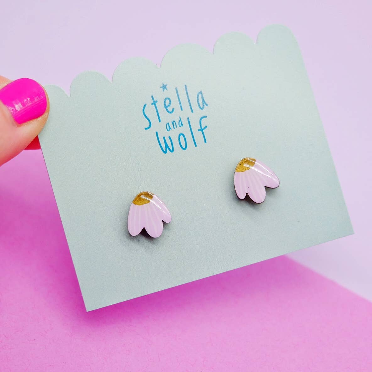 Stella and Wolf Lilac and gold petal earrings, hand painted flower studs,