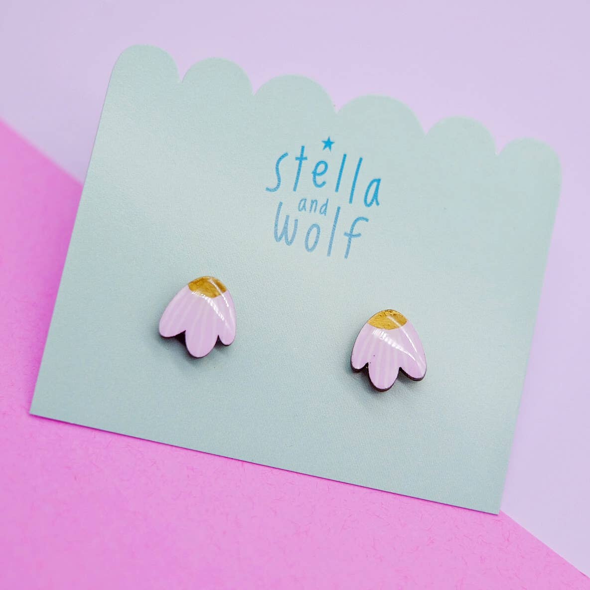 Stella and Wolf Lilac and gold petal earrings, hand painted flower studs,