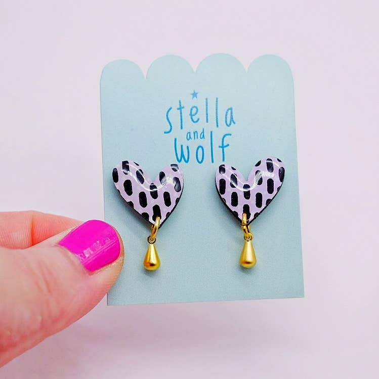 Stella and Wolf Lilac polka dot heart earrings