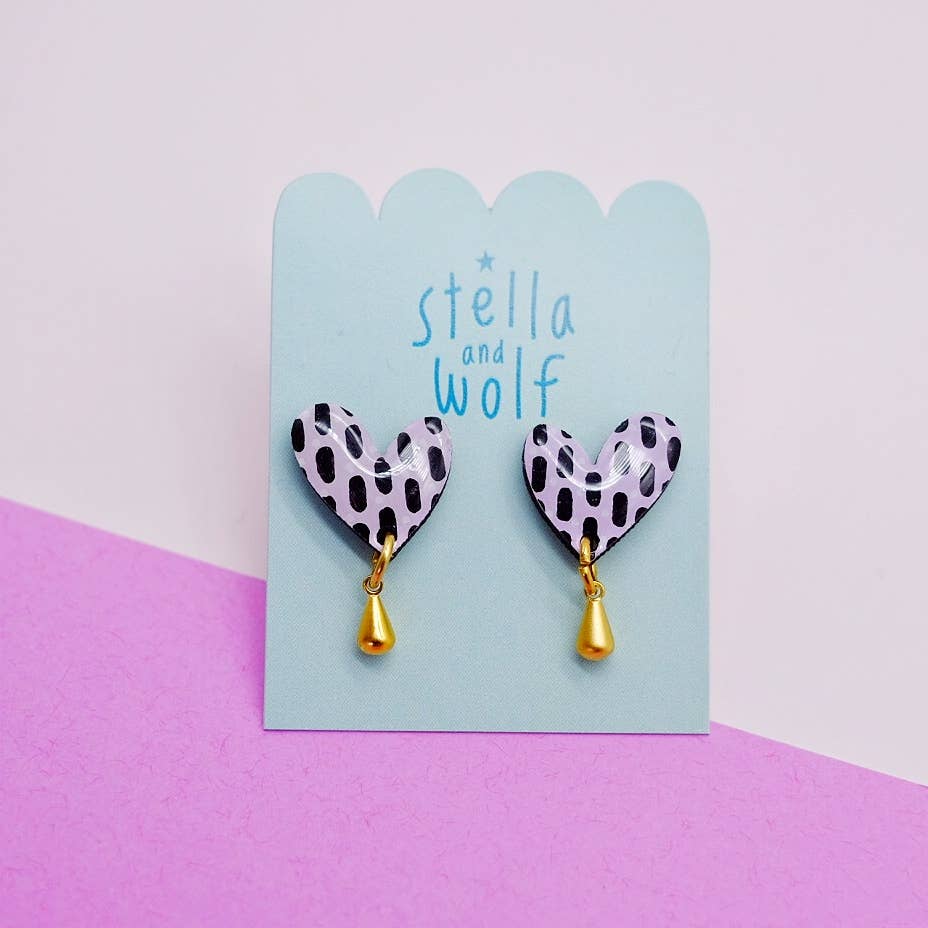 Stella and Wolf Lilac polka dot heart earrings