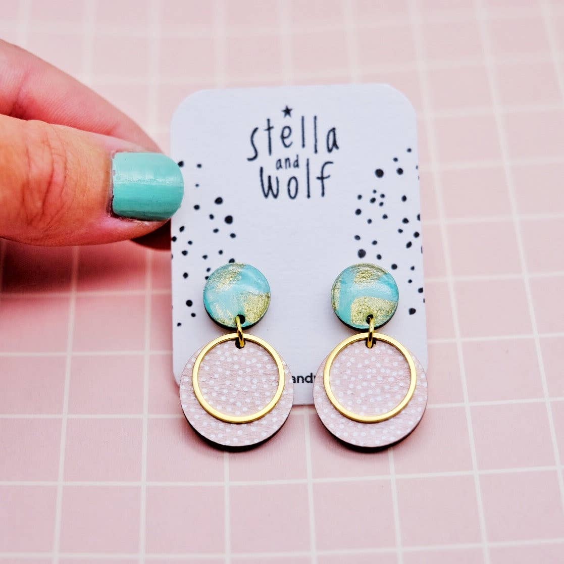 Stella and Wolf Pink and blue polka dot drop earrings, pastel colours,