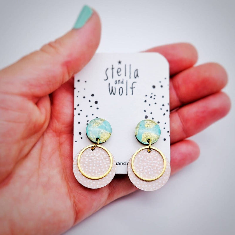 Stella and Wolf Pink and blue polka dot drop earrings, pastel colours,