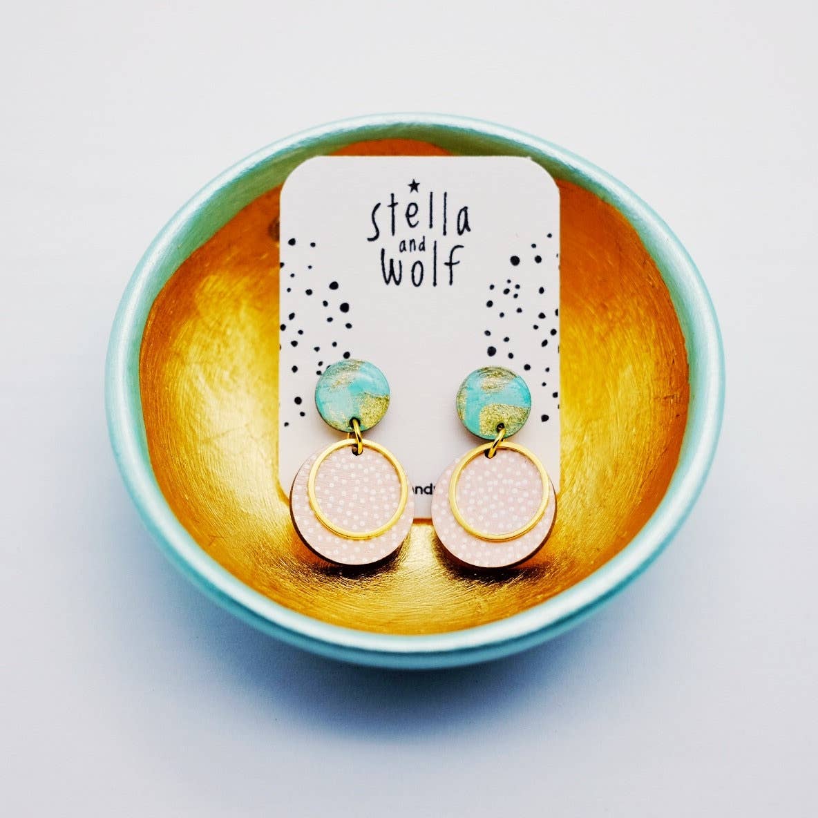 Stella and Wolf Pink and blue polka dot drop earrings, pastel colours,