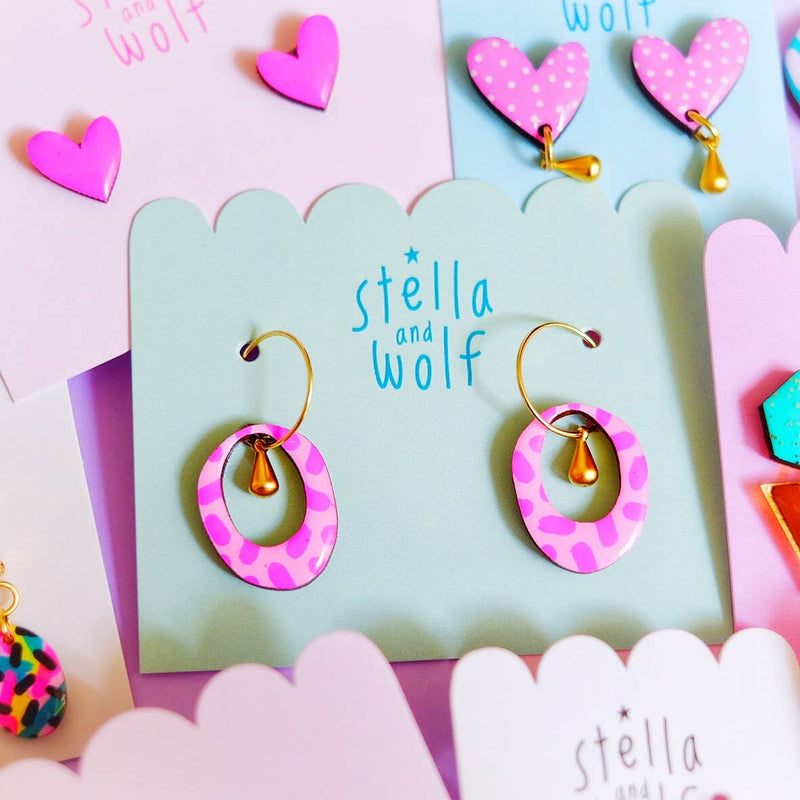 Stella and Wolf Pink retro hoop earrings, summer jewellery, quirky