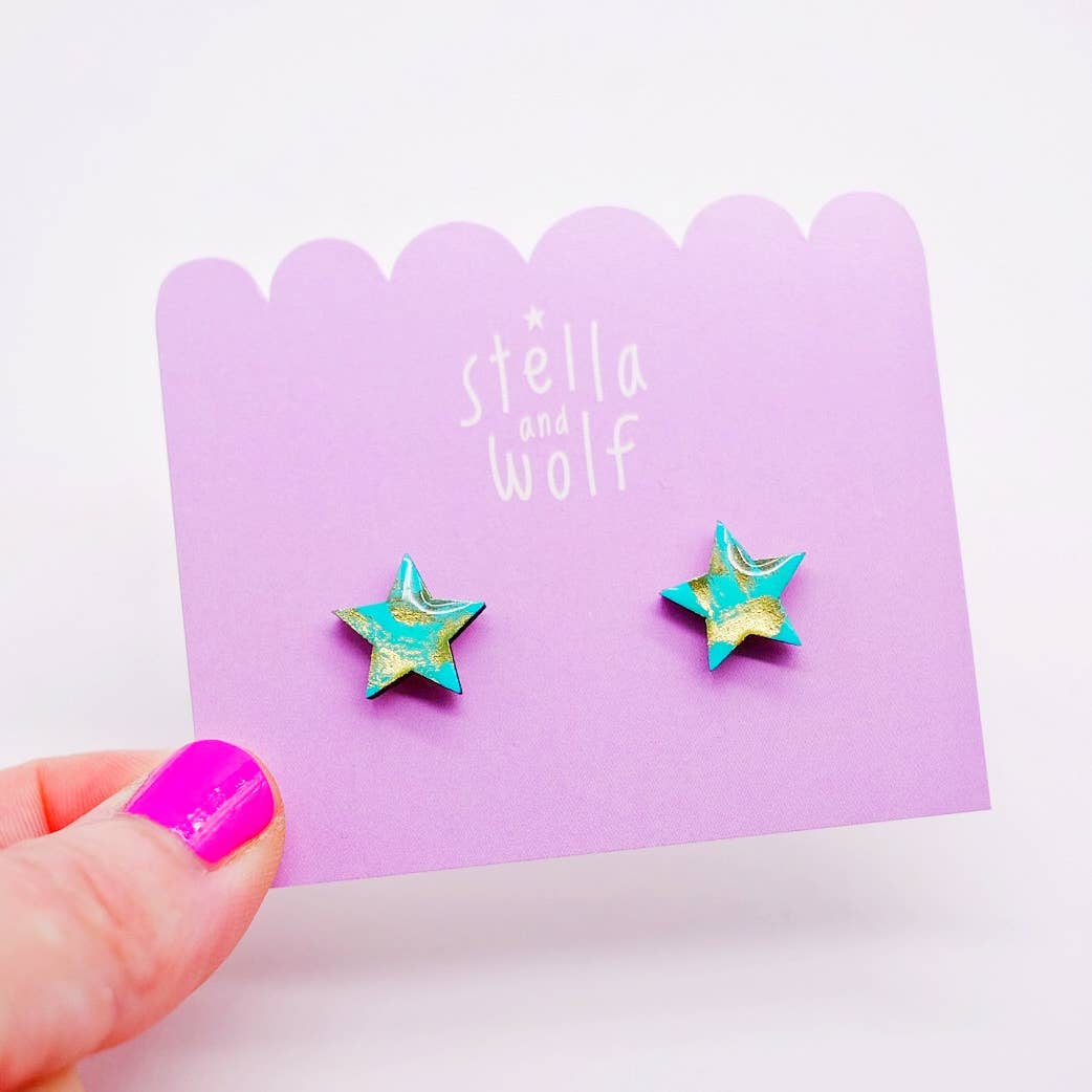 Stella and Wolf Turquoise and gold star earrings, wooden jewellery gifts