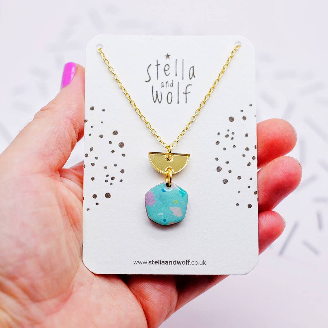 Stella and Wolf Wooden and acrylic Turquoise Terrazzo charm necklace