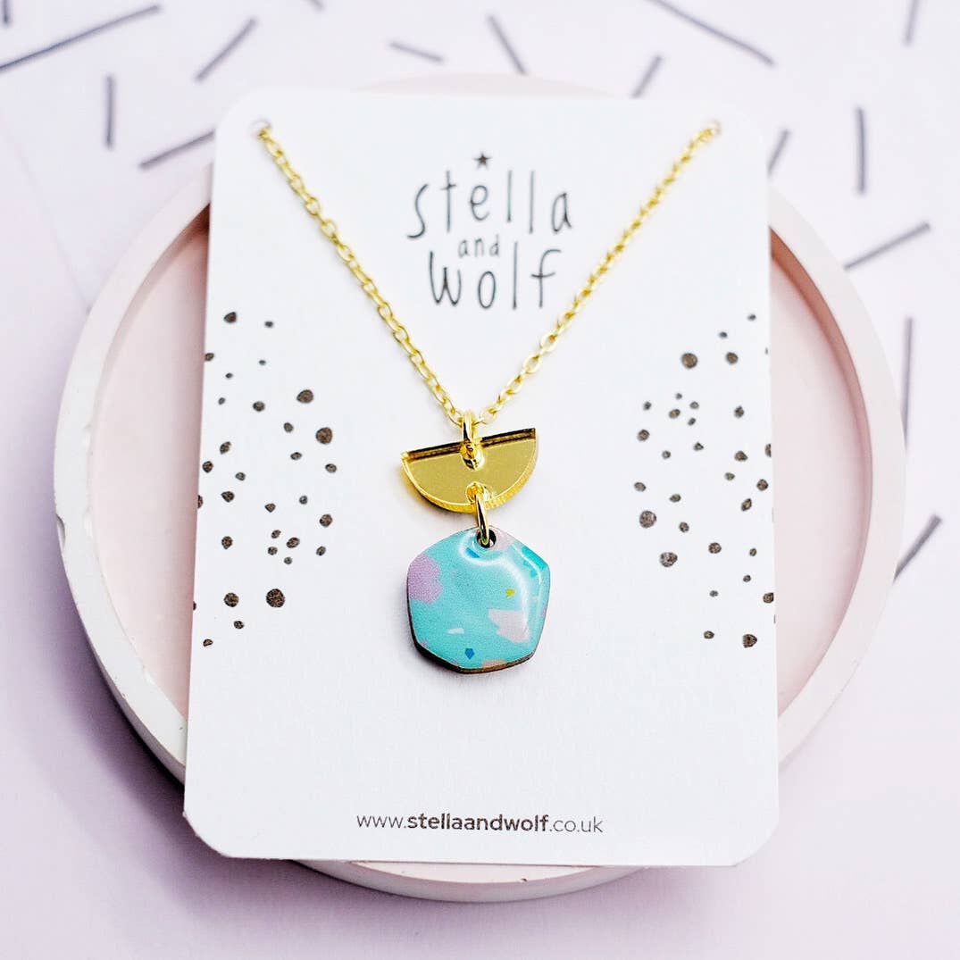 Stella and Wolf Wooden and acrylic Turquoise Terrazzo charm necklace