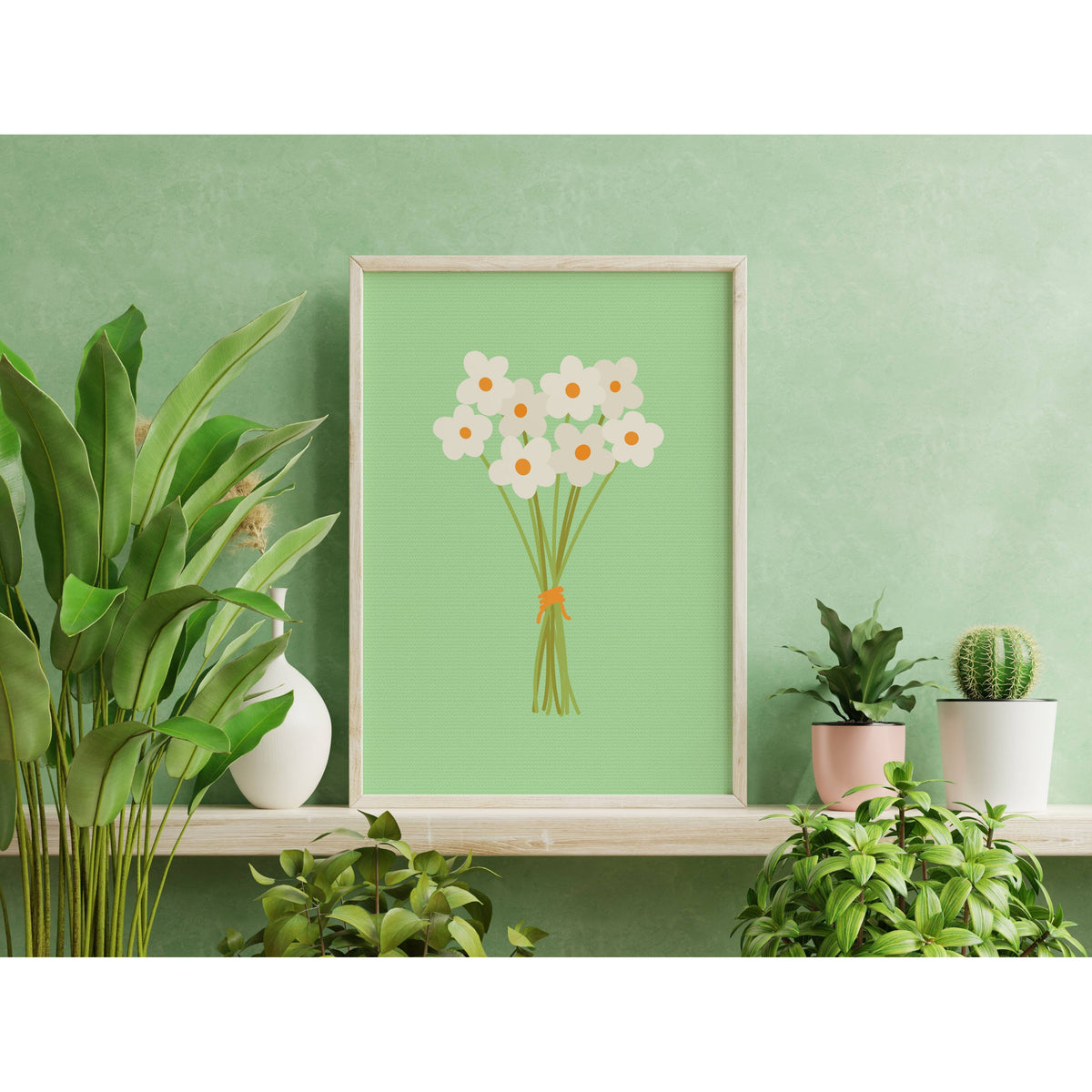 The Happy Badger Bunch Of Flowers Print - Green Wall Art - Daisy Illustration: A4 (8.3x11.7”)