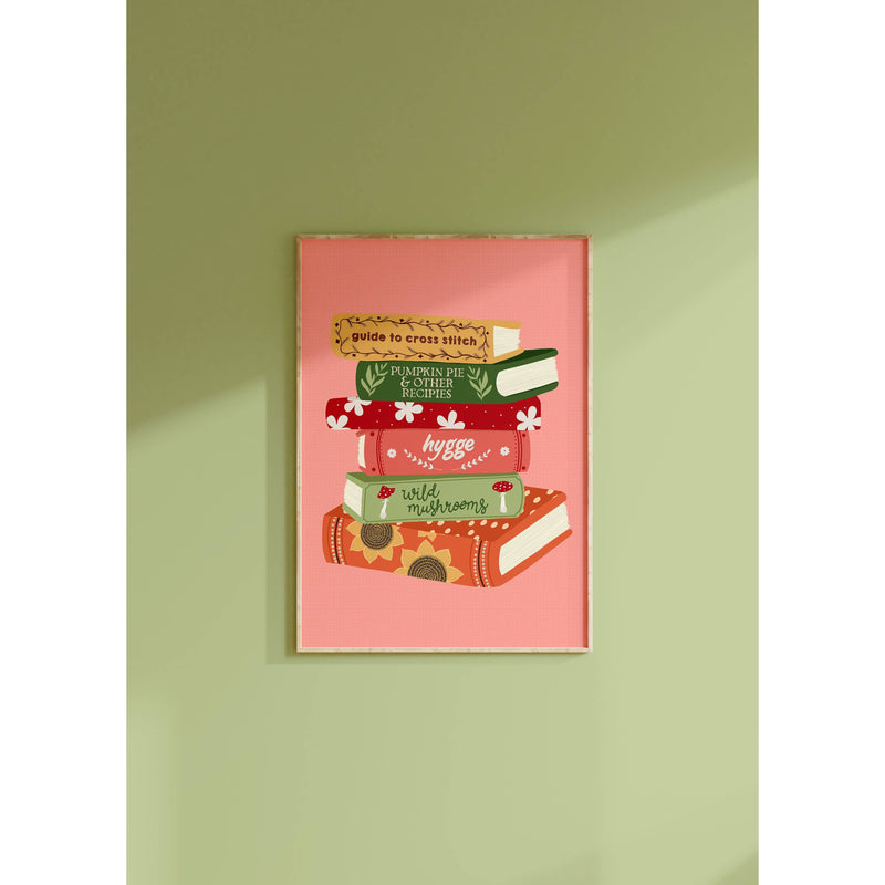 The Happy Badger Stack of Books Print - Autumn Decor - Reading Prints: A4 (8.3x11.7”)