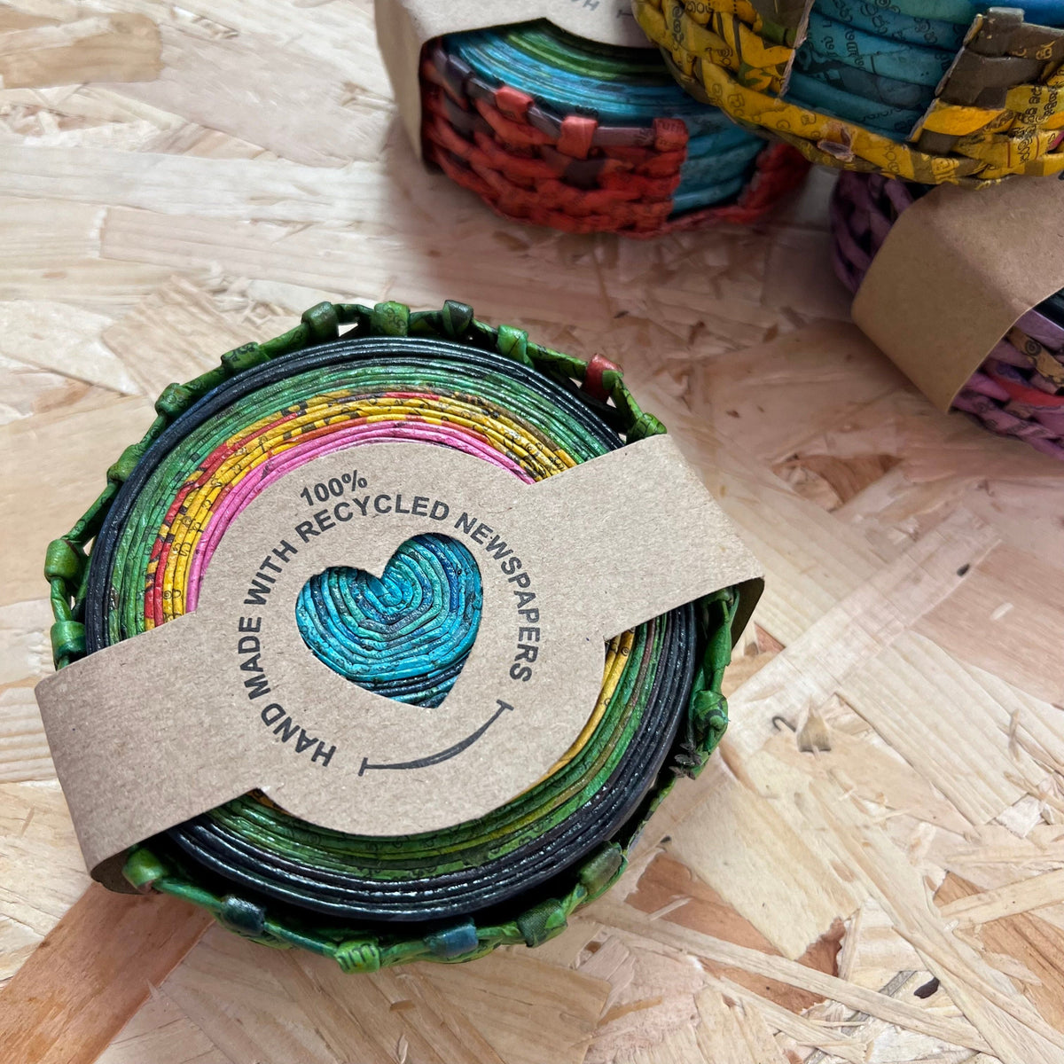 The Paper High Gift Company Limited Recycled Newspaper Coaster Set Of Six - Light Green/ Yellow/ Turquoise