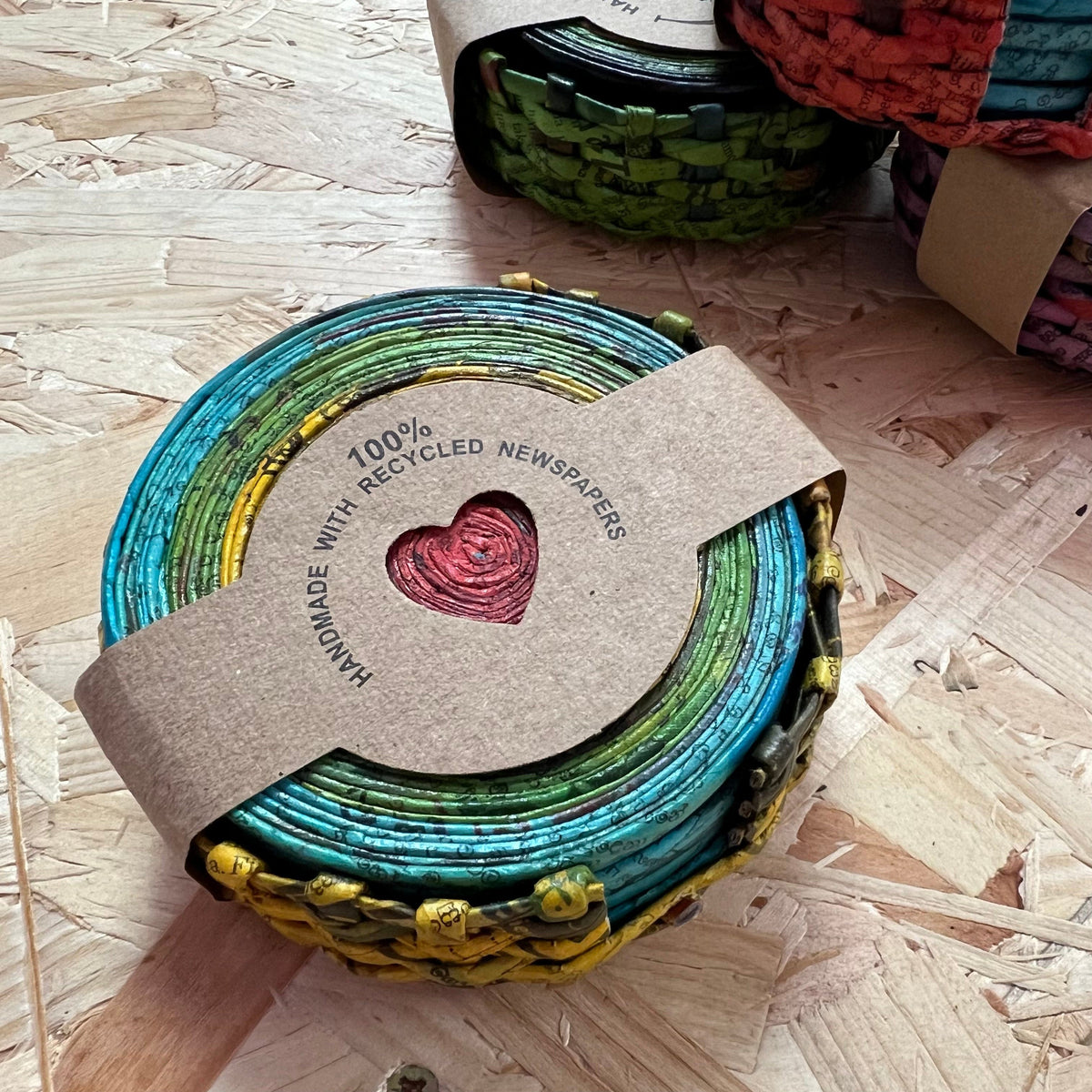 The Paper High Gift Company Limited Recycled Newspaper Coaster Set Of Six - Yellow / Green / Red