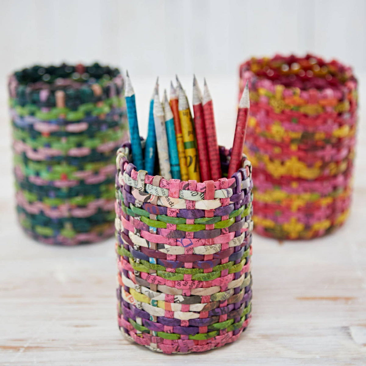 The Paper High Gift Company Limited Recycled Newspaper Round Pencil Holder: Natural/Pink/Green/Purple